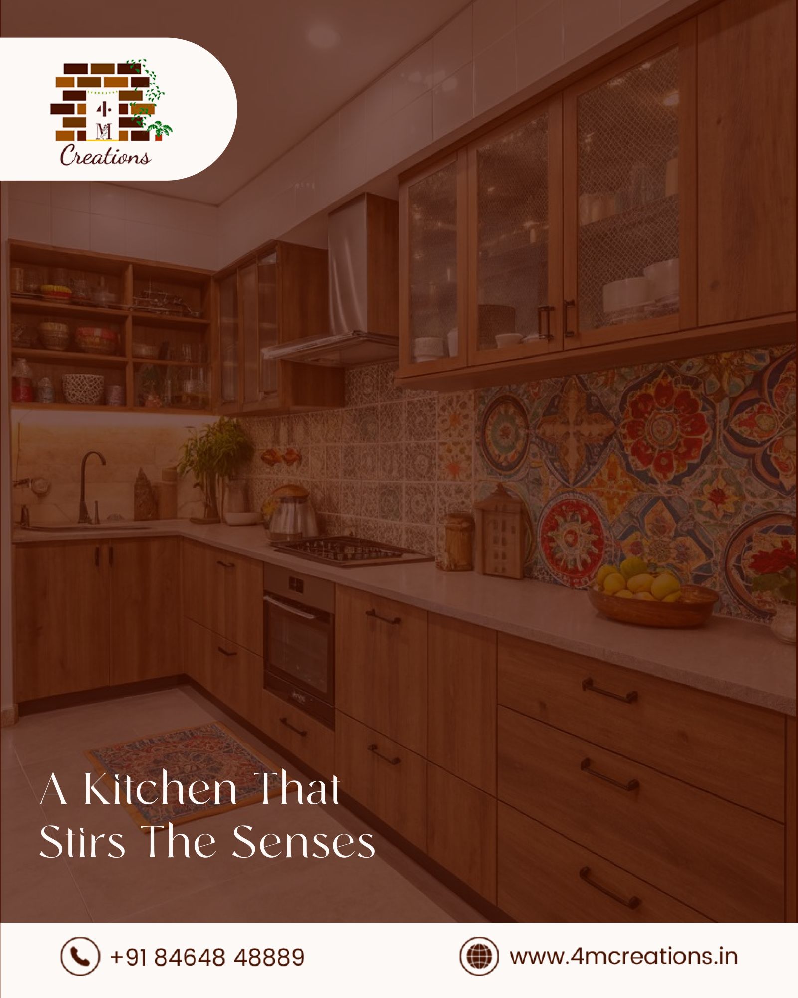 Vibrant Kitchen Design with Warm Wood and Artistic Backsplash