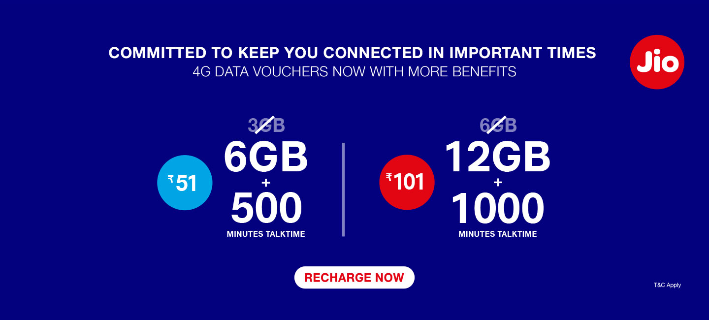 Reliance Jio Announced Revised 4G Data Voucher Amidst Coronavirus Crisis