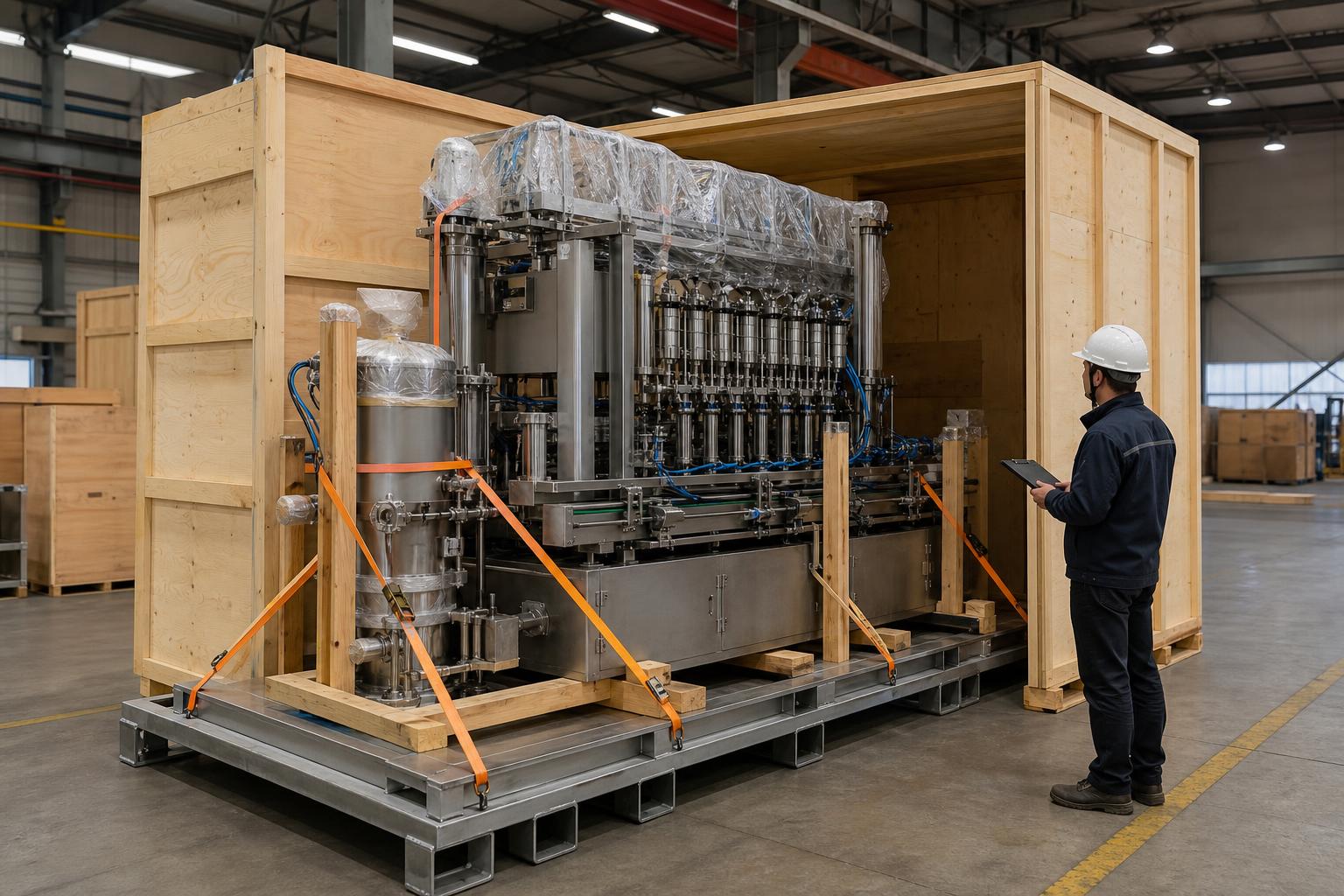 How is an aerosol filling machine packed for international shipment?