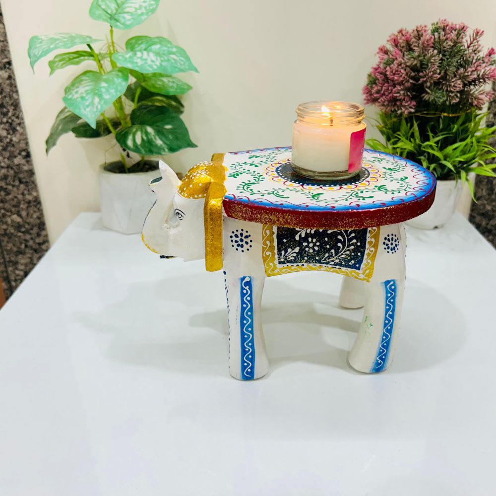 Hand Painted Elephant Stool for Home Decor