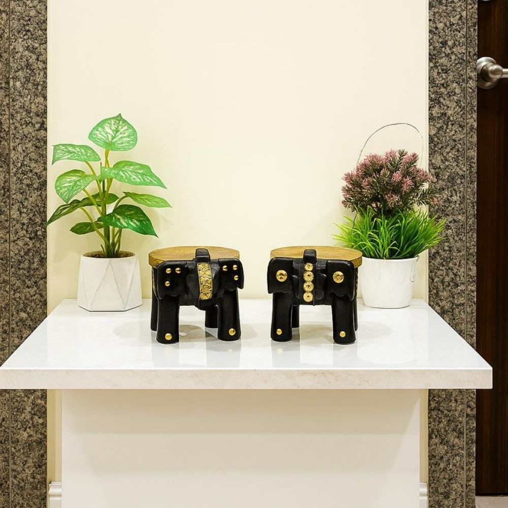 Elegant Wooden Elephant Stool | Hand Painted Decor