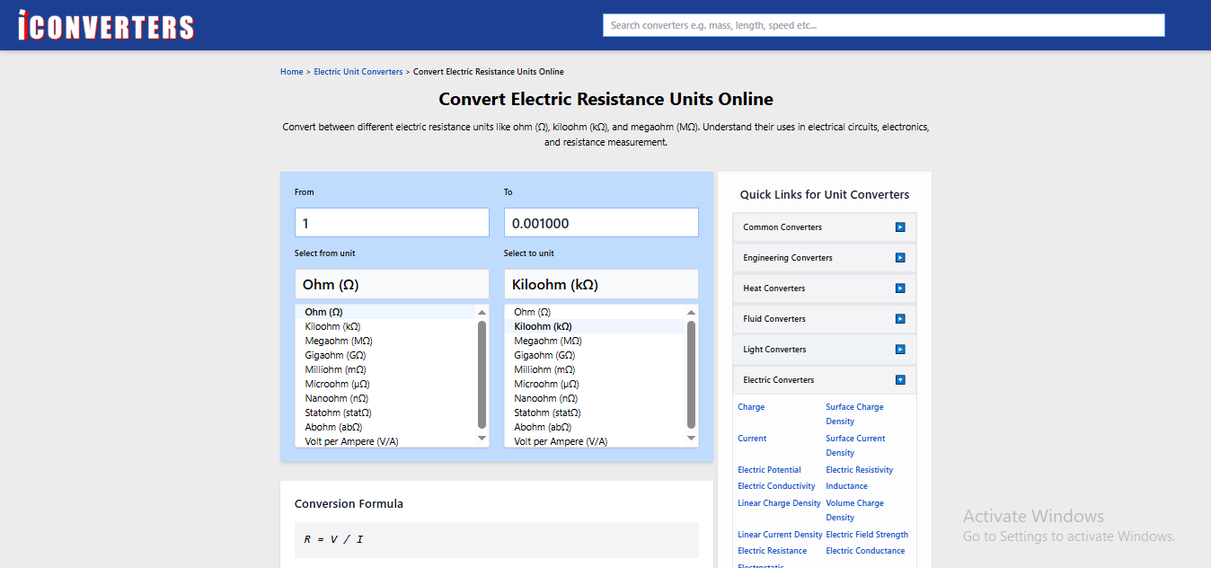 Electric Resistance Units –  Online Converter
