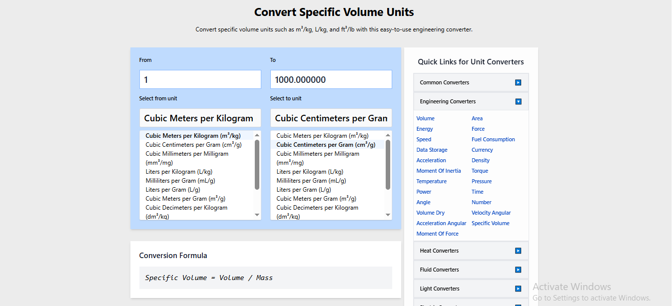 Convert Specific Volume Units Online
