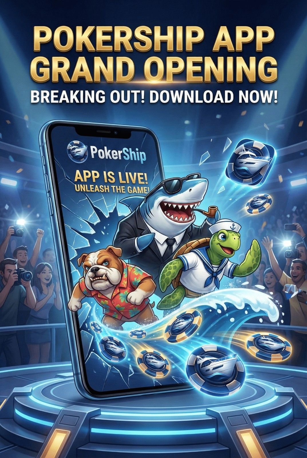 PokerShip app's grand opening! Play poker and win real prizes.