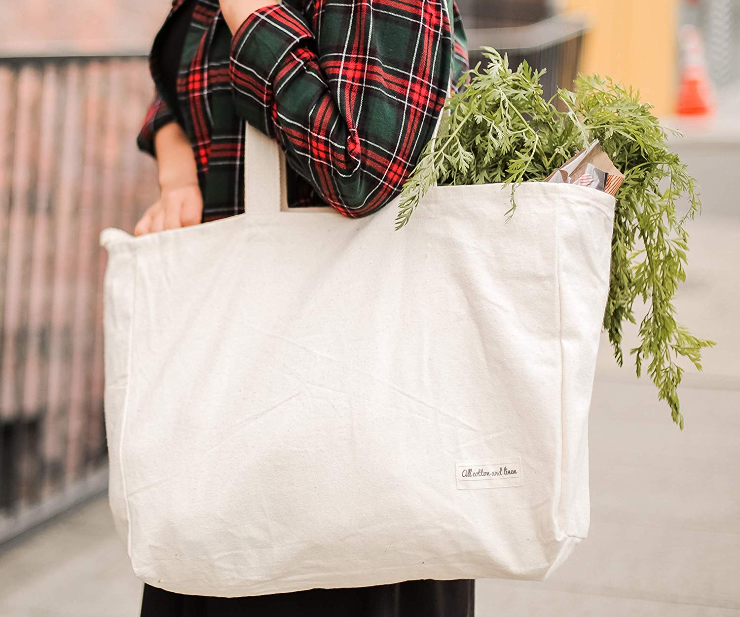 Grocery Tote bags - Reusable Cotton Bags with Pockets & Handles for shopping and Storage - All Cotton and Linen