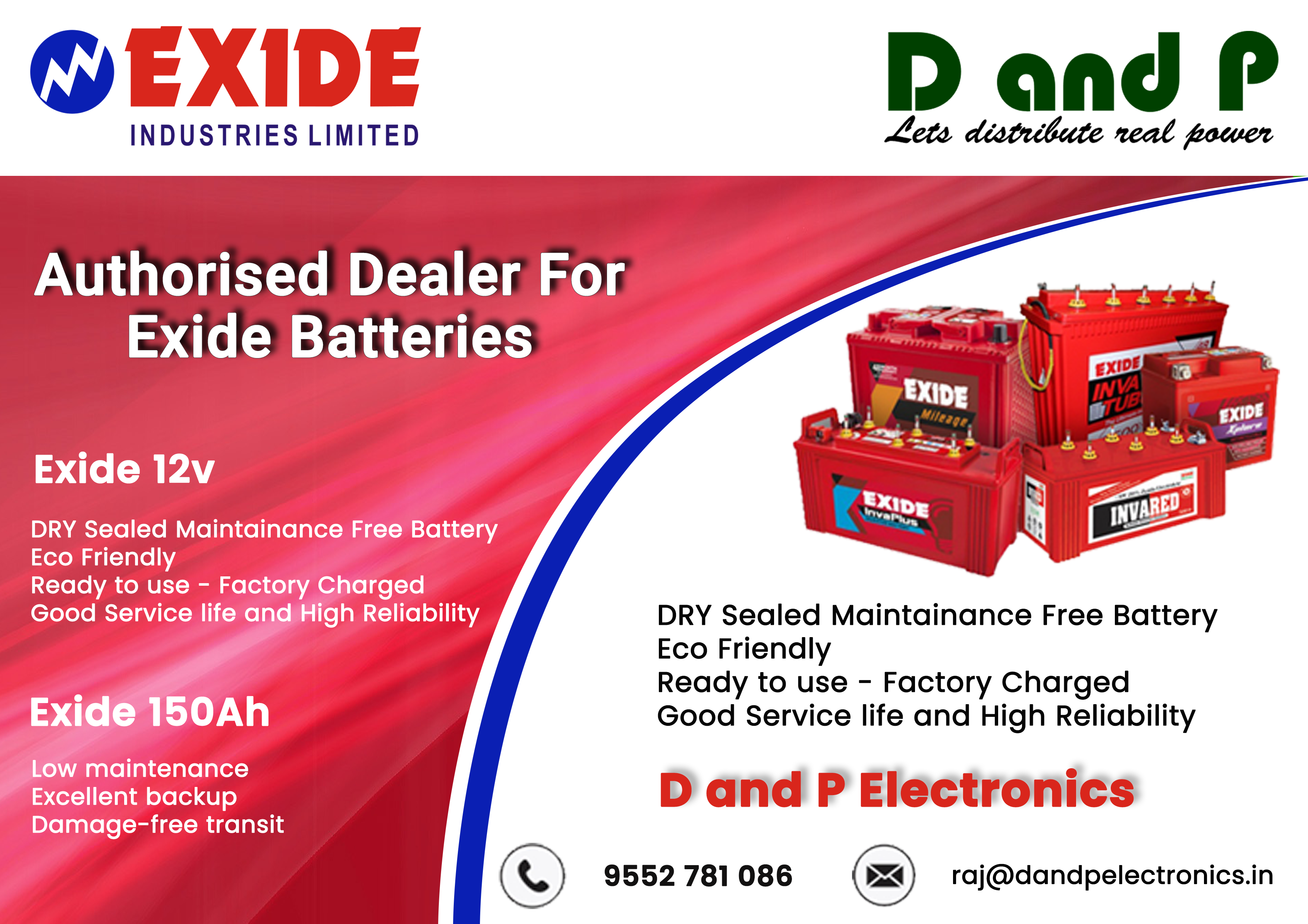 Authorized Battery wholesaler of Batteries like Exide Quanta Rocket in Pune | d and p electronics