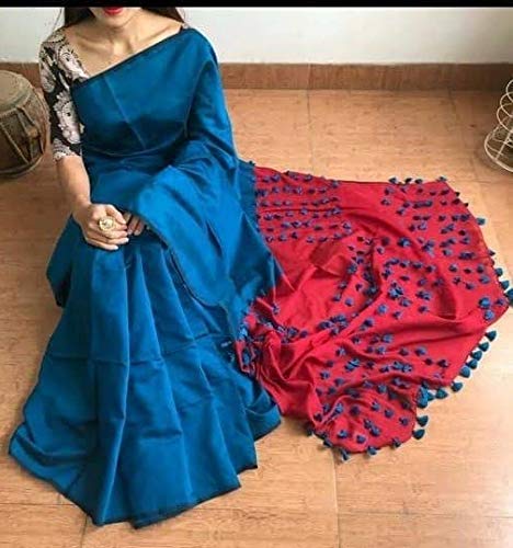 Miscon Blue and Red Cotton Silk Pom Pom Handloom Saree