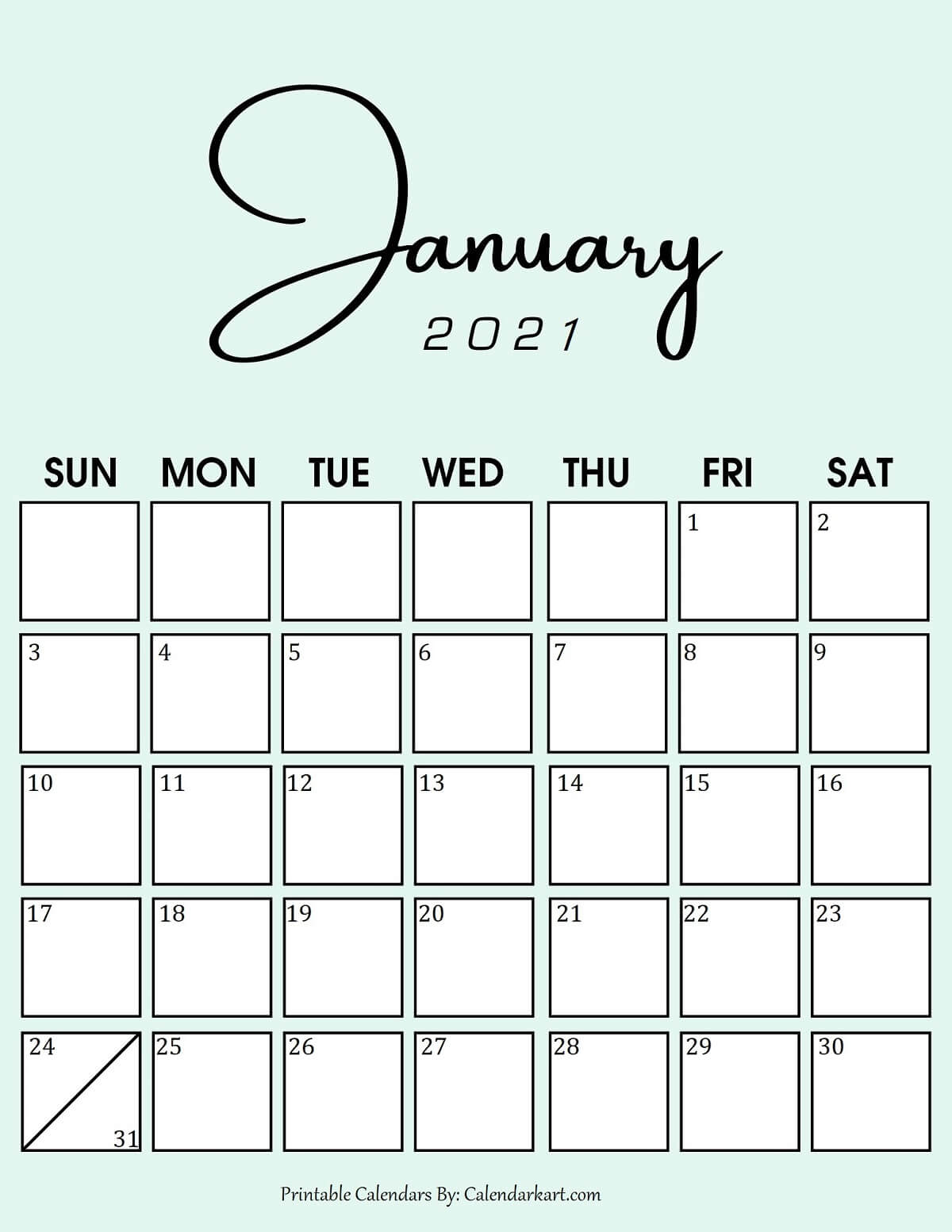 Cute and Stylish Free Printable January 2021 Calendar