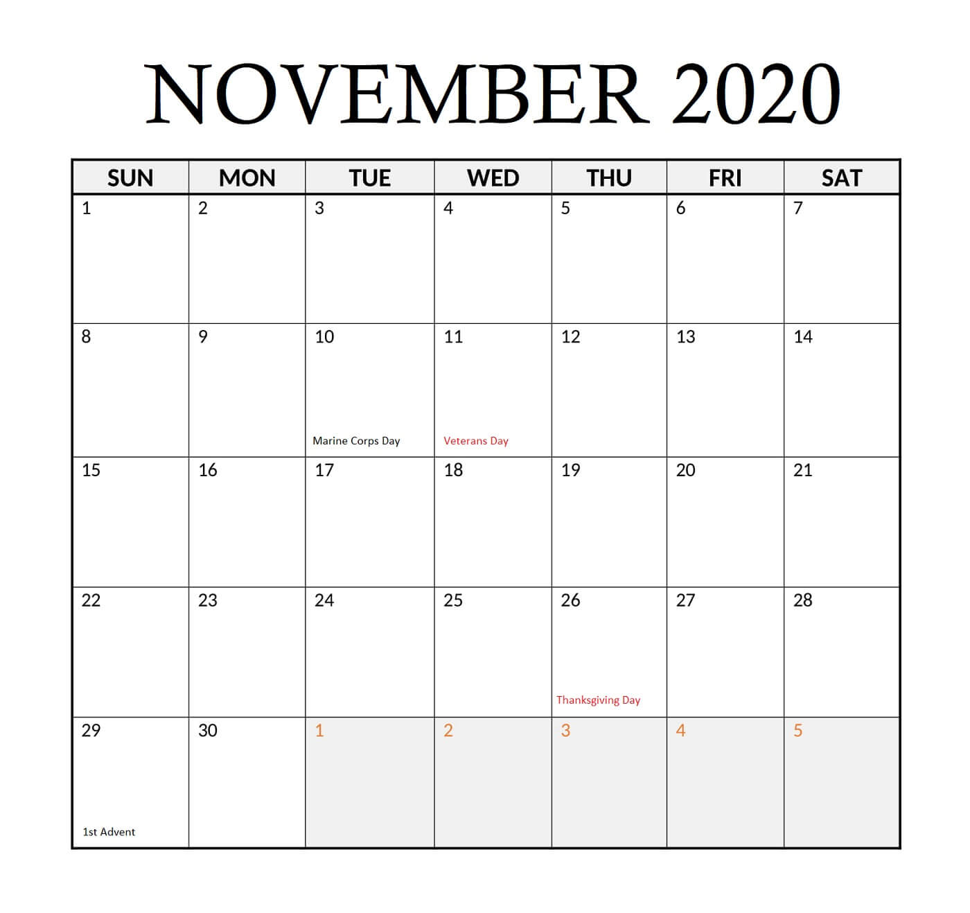 November 2020 Calendar with Holidays & Festivals
