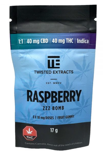 Twisted Extracts – Raspberry ZZZ Bomb – Indica – 40mg CBD : 40mg THC