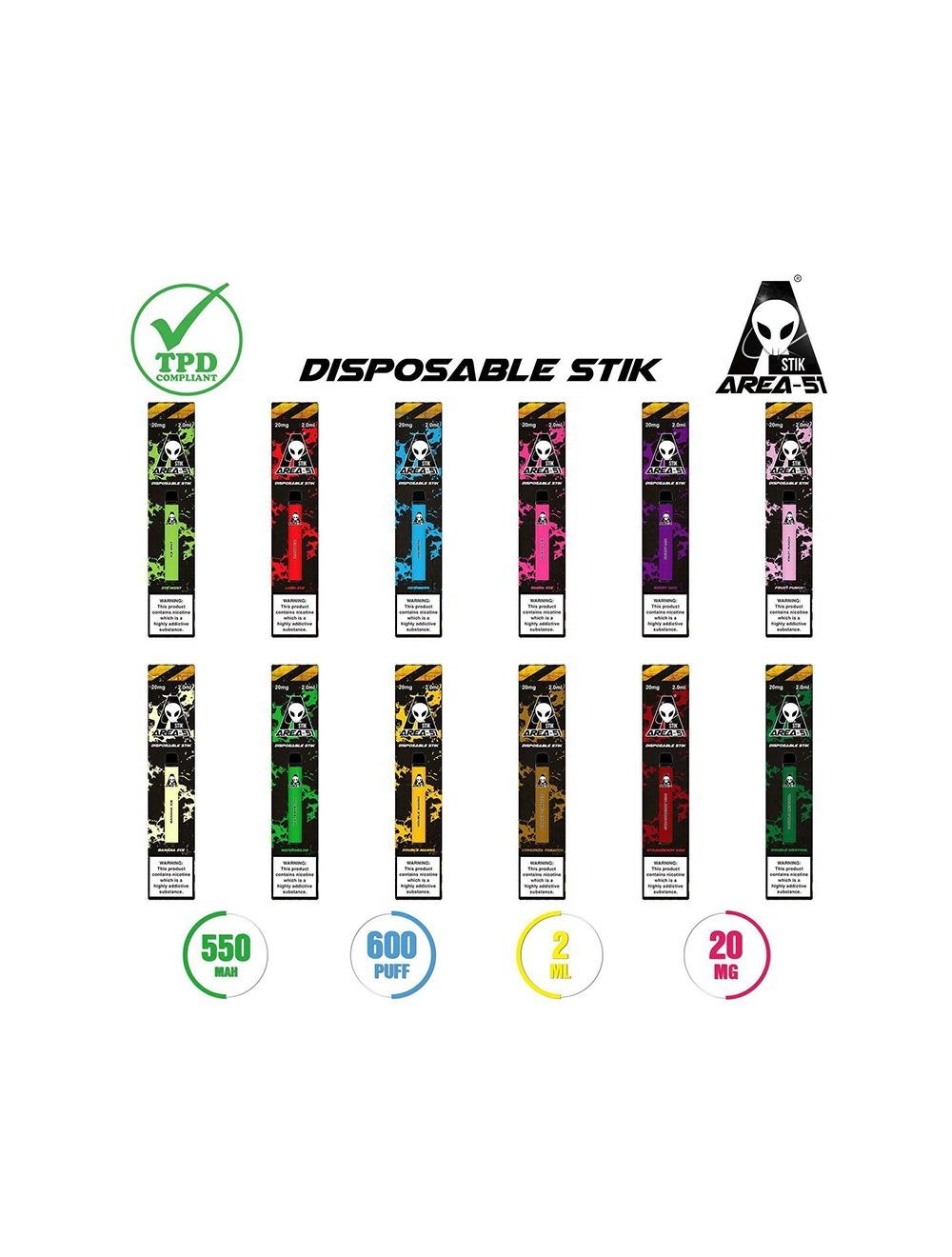 Area 51 Disposable Stick Vape Pod Kit | 2ml | 550mAh Battery | 600 Puffs | 20mg