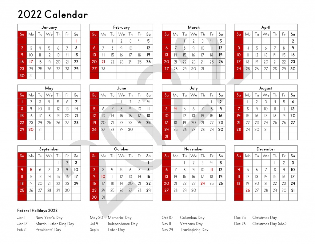 2022 calendar printable with holidays