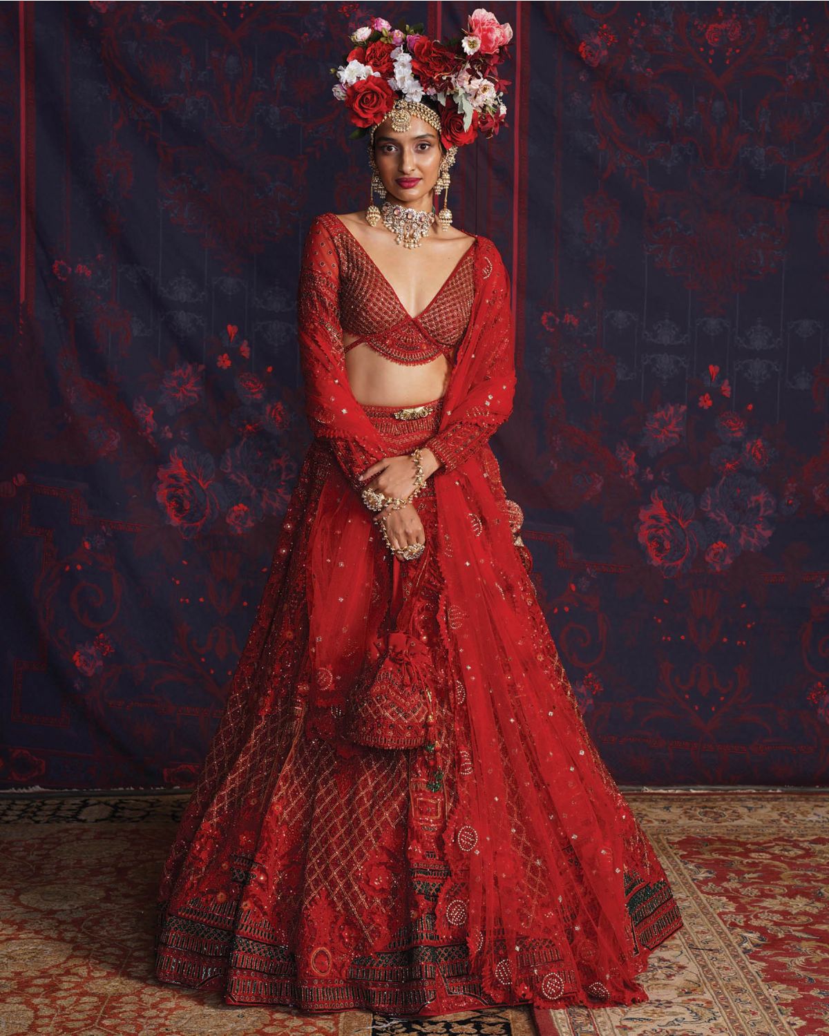 Buy now Mavis red lehenga from Falguni Shane Peacock