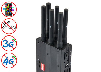 Handheld mobile phone jammer GSM, UMTS, LTE or GPS, Wi-Fi, Six antennas