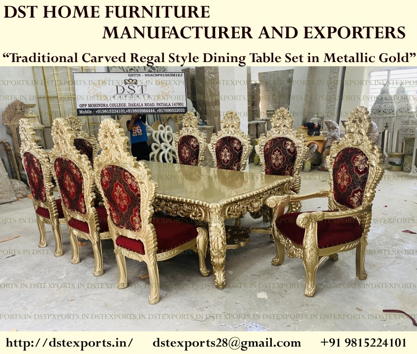 Traditional Carved Regal Style Dining Table Set in Metallic Gold
