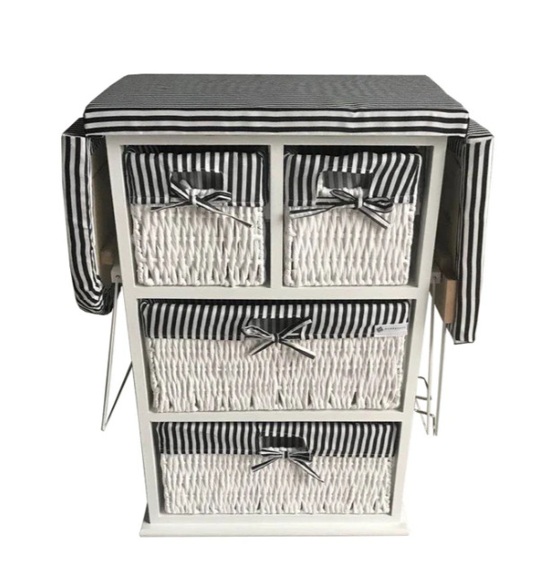 Drop Leaf Ironing Board Cabinet with shelves and woven basket storage boxes