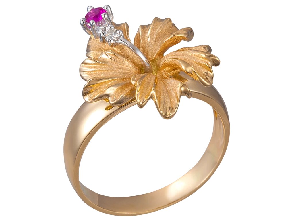 14K Yellow Gold Hibiscus Ring With 2 Diamonds