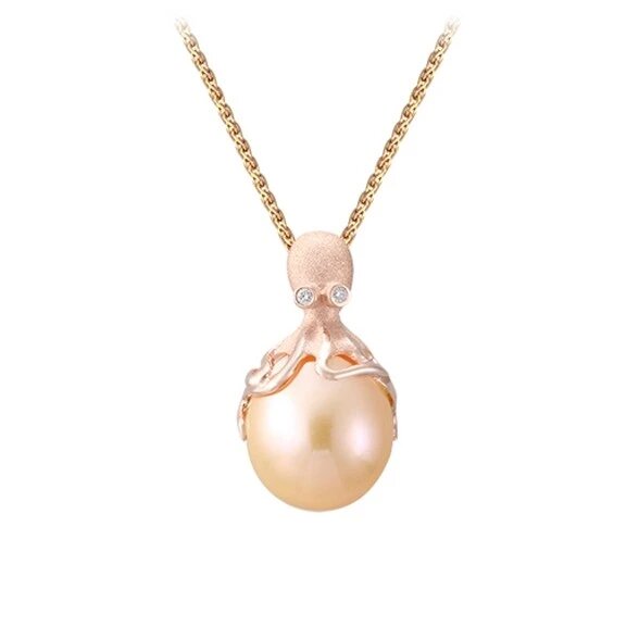 Rose Gold Octopus Pendant With 12mm Peach Fresh Water Pearl & Diamonds