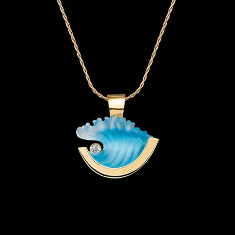 14K Small Yellow Gold Wave Pendant with Diamond
