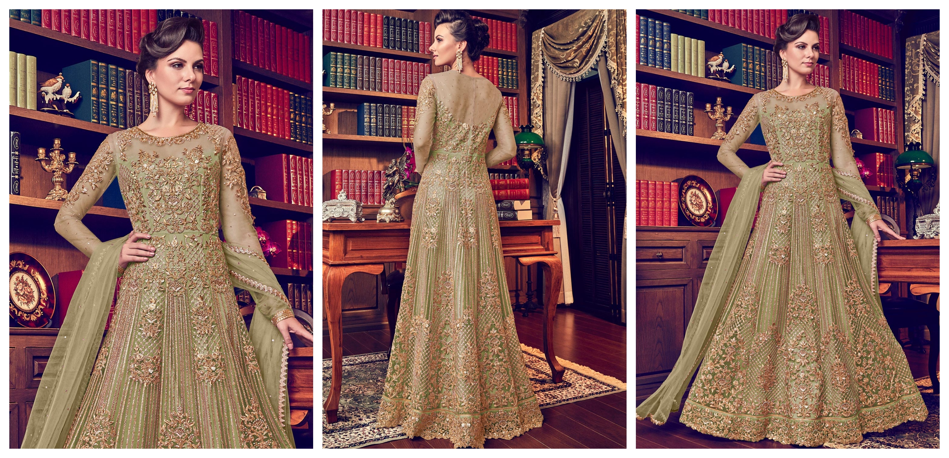 Shine in Sage Green Net Anarkali Dress with Duptta