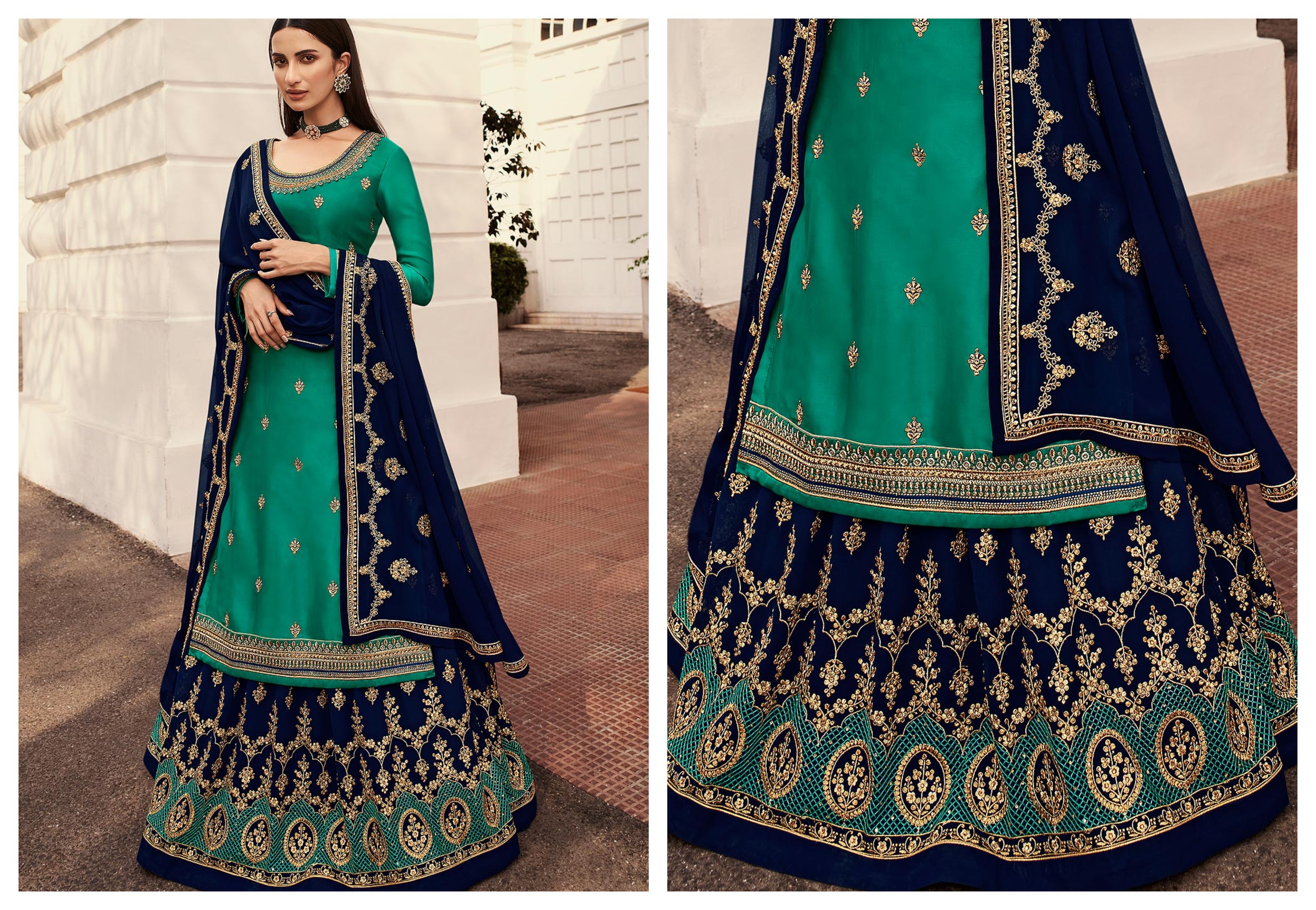 Teal Lehenga with Navy Blue Georgette Kurti