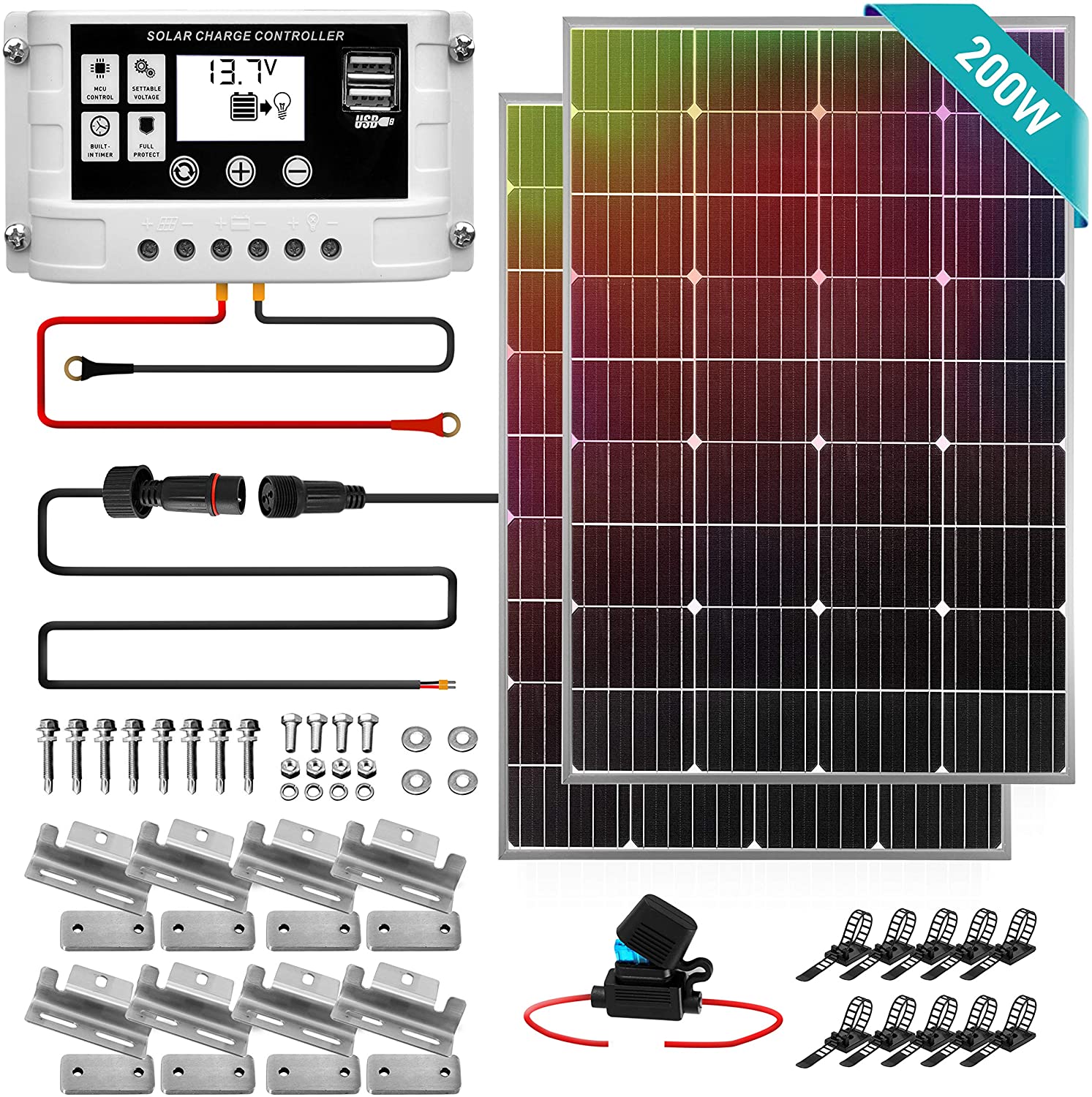 SereneLife 200W Solar Panel Starter Kit Kit-12v Monocrystalline Portable Mono 3 ft 11AWG Cable Set, 30A PWM Controller w/LCD-Van Campers, Car Roof, Boat SLSPSKT200 (2 Pcs)