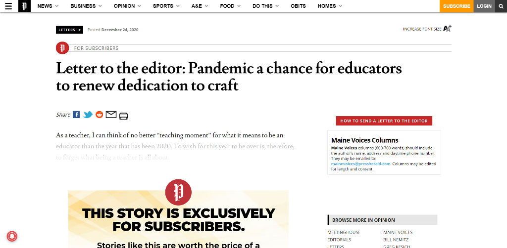 Pandemic a Possibility for Educators to Renew Dedication to Craft by Ryan Bilodeau