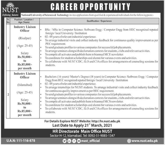 NUST University Jobs 2021 Intermediate Base