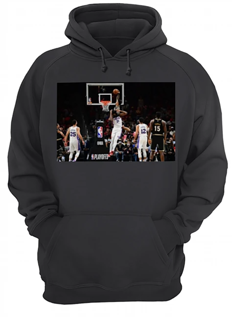 John Collins wears Joel Embiid poster dunk t shirt