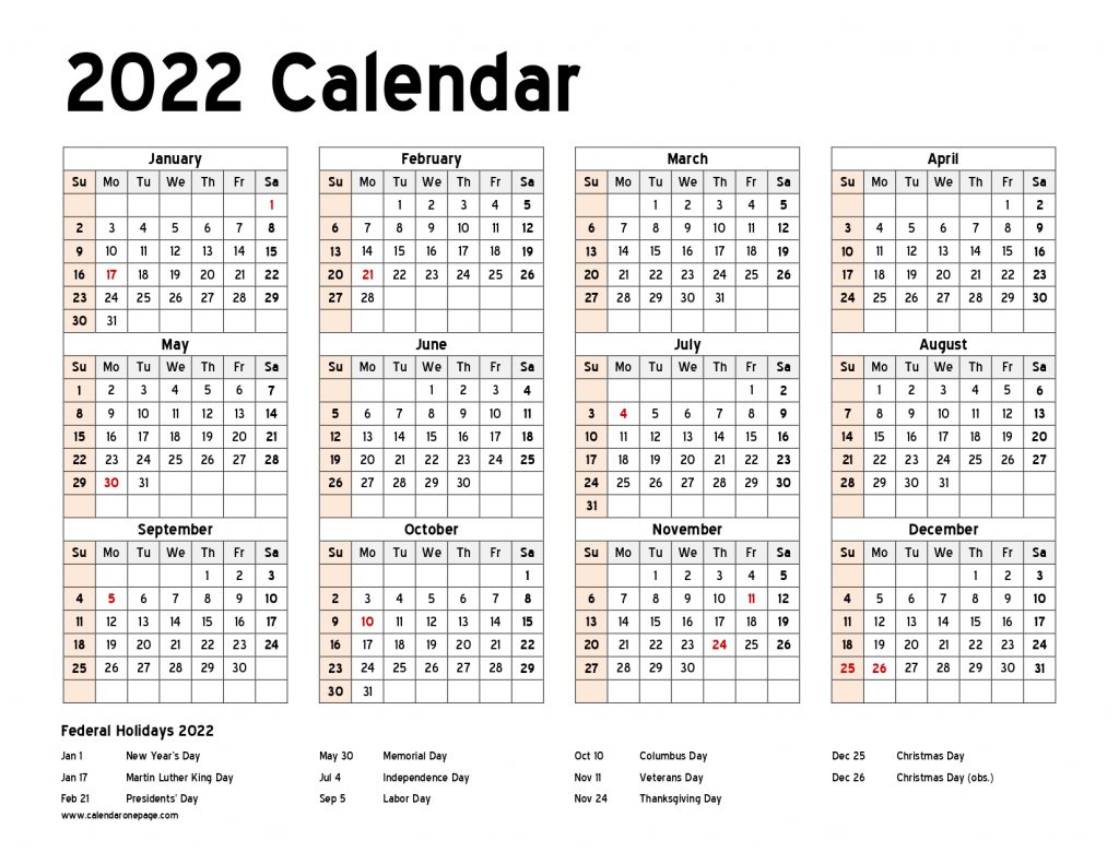 2022 calendar printable one page