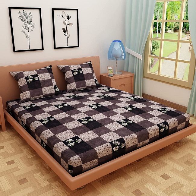 Floral Print Grey Pure Cotton Double Queen Size Bedsheet with 2 Pillow Covers