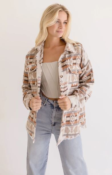Tida Aztec Frayed Edge Shacket Beige