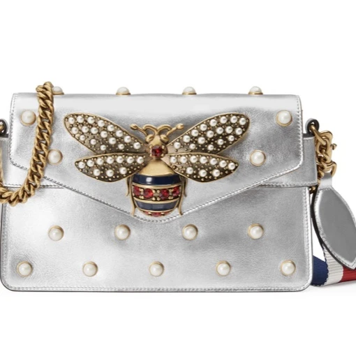 Gucci Broadway Pearly Bee Shoulder Bag Silver