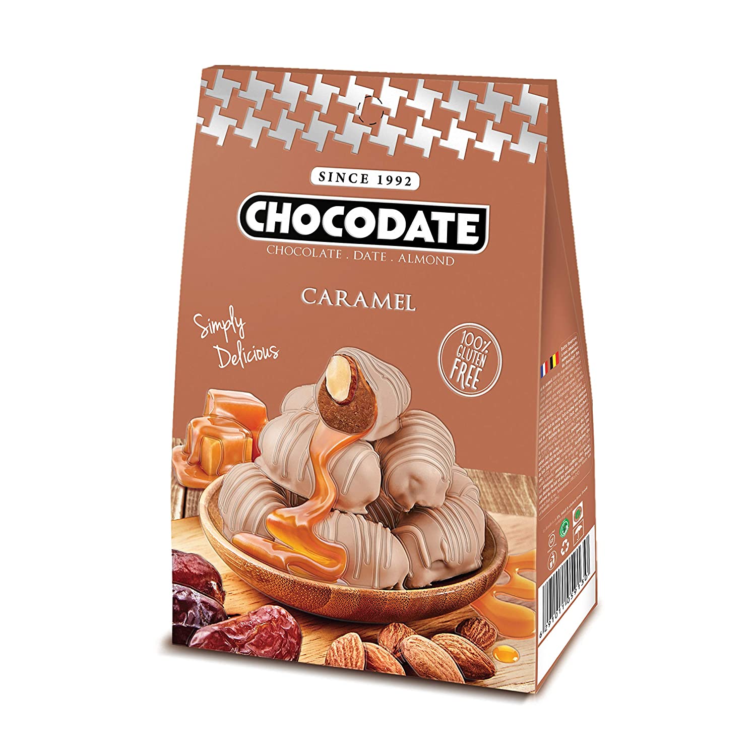 Gluten- and GMO-free caramel chocodate with golden-roasted almonds, 80 g box - caramel