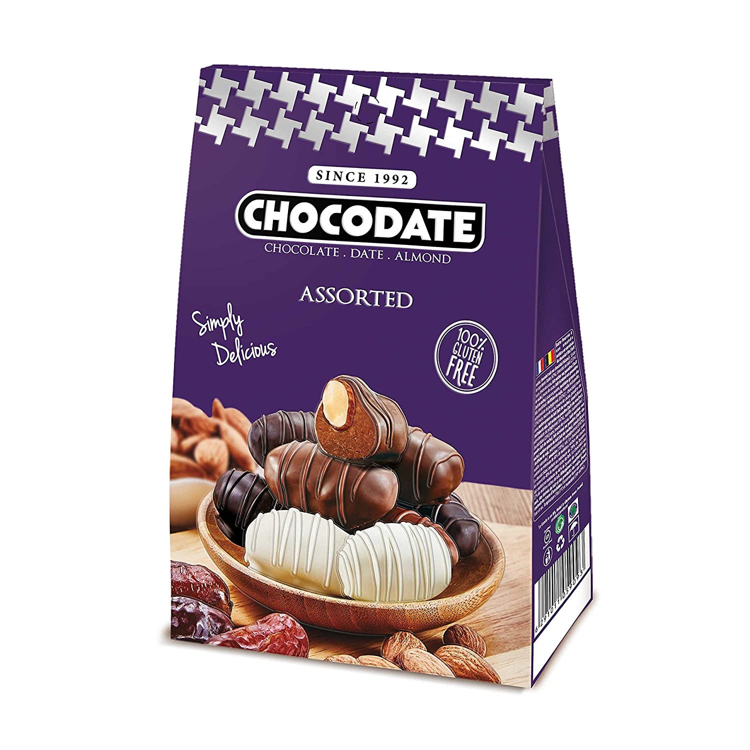 Gluten- and GMO-free chocolates with gold-roasted almonds, Dark, Milk & White, 80g Box