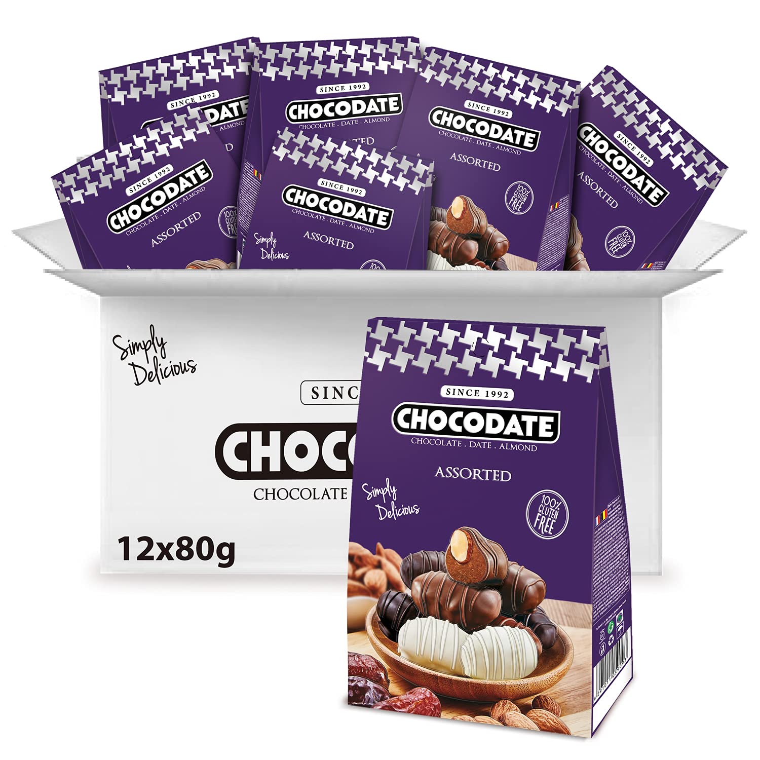 Gluten- and GMO-free Chocodate with golden roasted almonds, Dark, Milk & White, 80g box (Pack of 12)