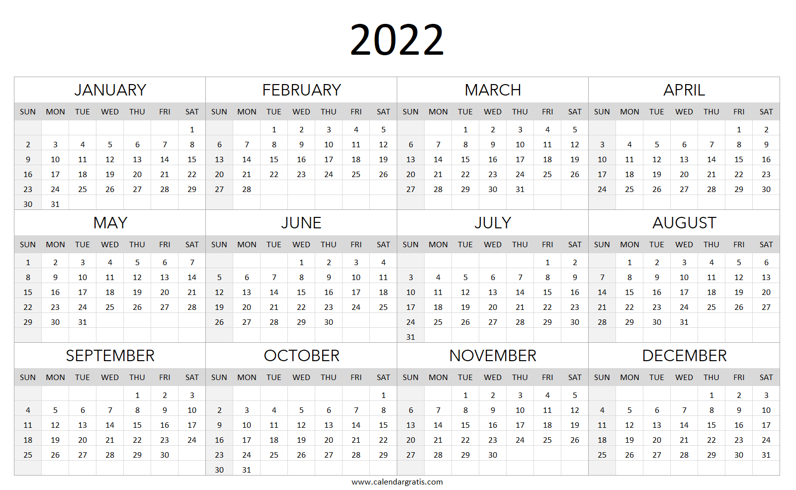 Yearly 2022 Printable Calendar Template - Calendar Gratis