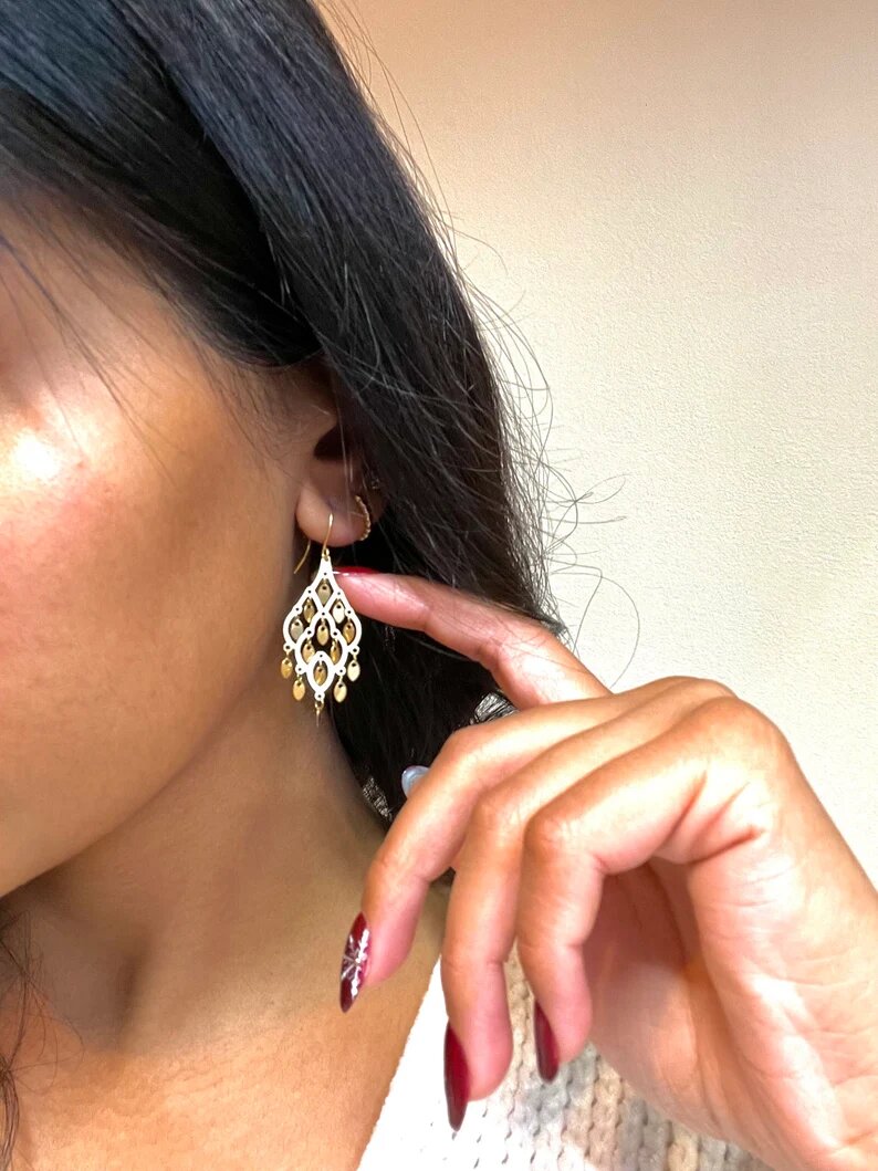 10K Yellow Gold Earrings | 1 1/2" Chandelier Dinty Earrings | French Wire Dangle Earrings | 10K Gold Women Earrings | Gold Wedding Earrings