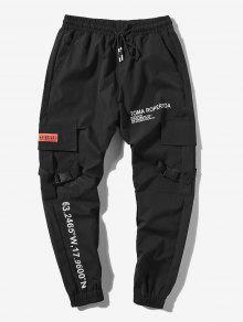 Letter Print Flap Pockets Cargo Jogger Pants - Black