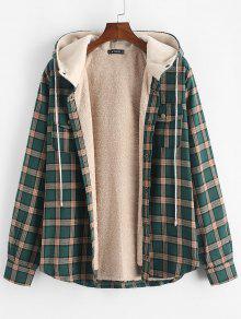 Fuzzy Flannel Plaid Chest Pocket Fleece Drawstring Hooded Jacket