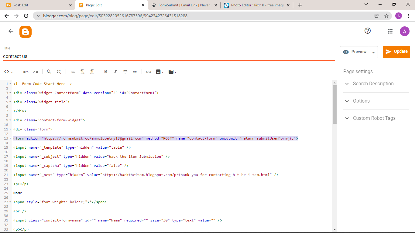 how to create contract us form on blogger