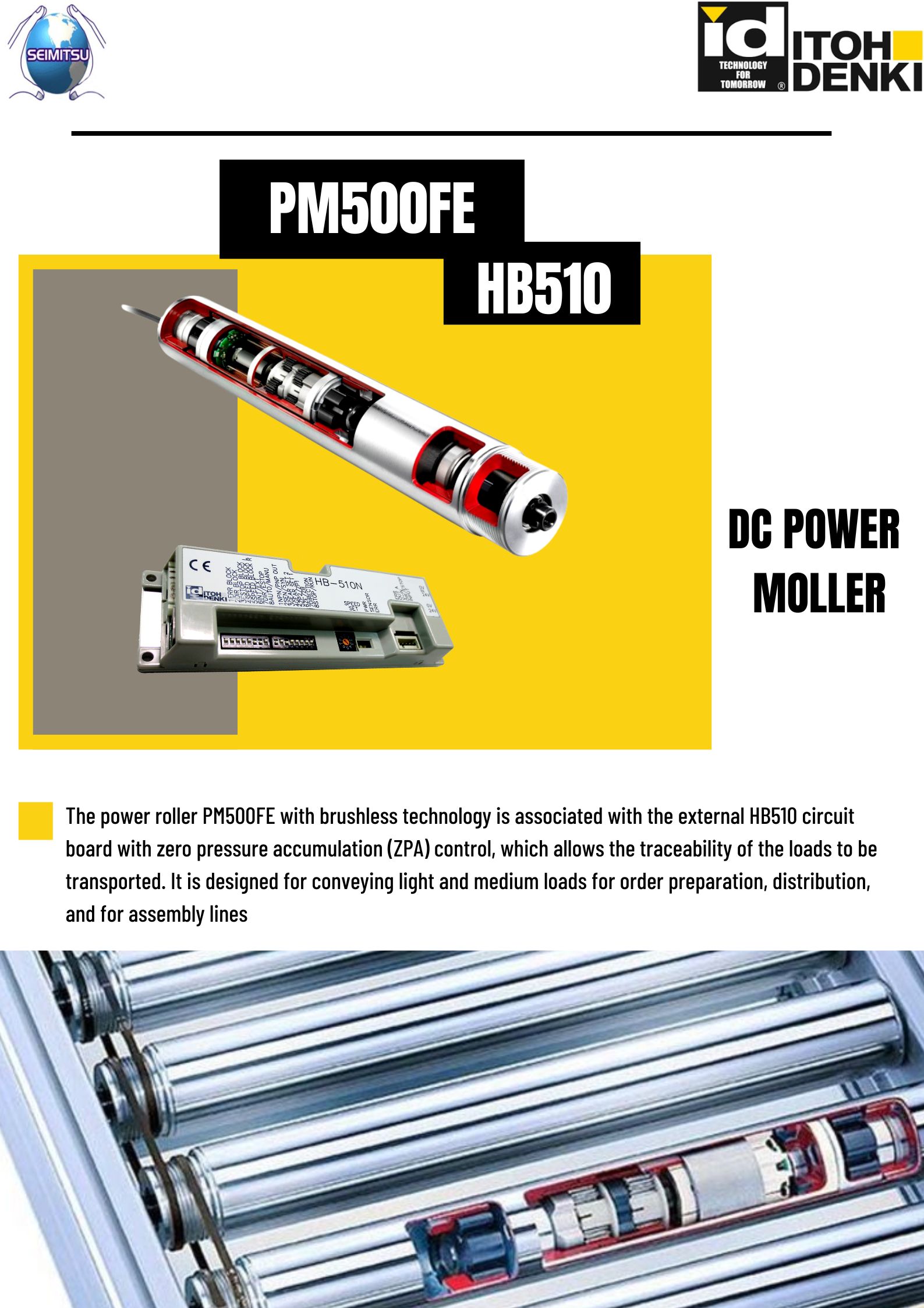 How is production increased by using the Itoh Denki DC Power Moller PM500FE with Brushless Technology?