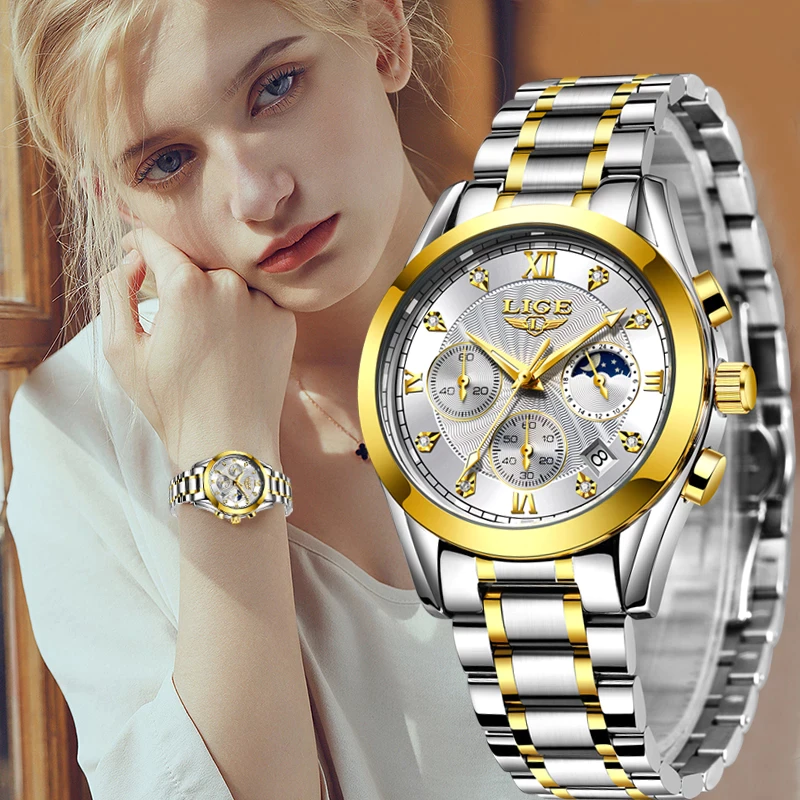 LIGE 2021 New Gold Watch Women Watches Ladies Creative Steel