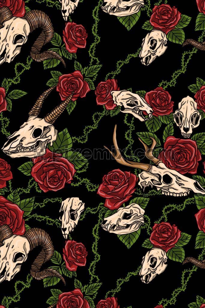 Rose and animal skull product graphic with seamless repeat pattern