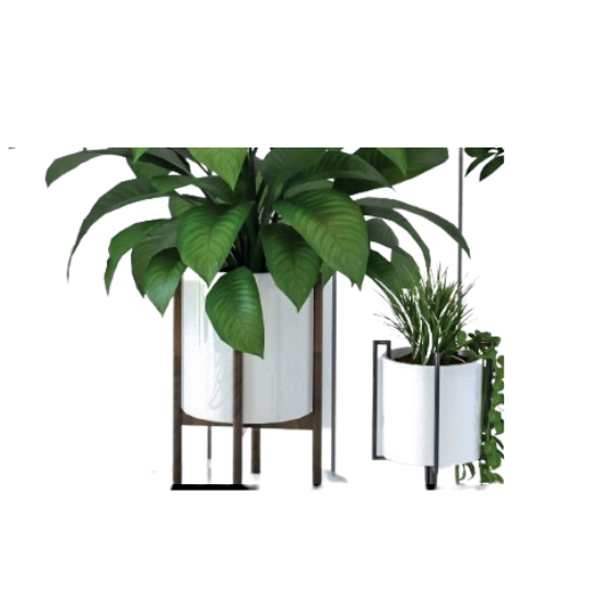 Wrought-iron/metallic planter stand to hold ceramic pots. It is made up of four rods in a circle with a rounded base to place the pot on.