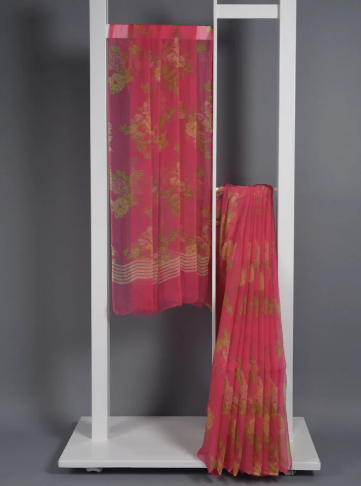 Bright Pink Color Chiffon Blend Floral Printed Saree With Plain Blouse