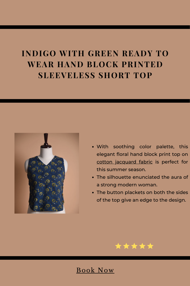 Indigo With Green Ready To Wear Hand Block Printed Sleeveless Short Top