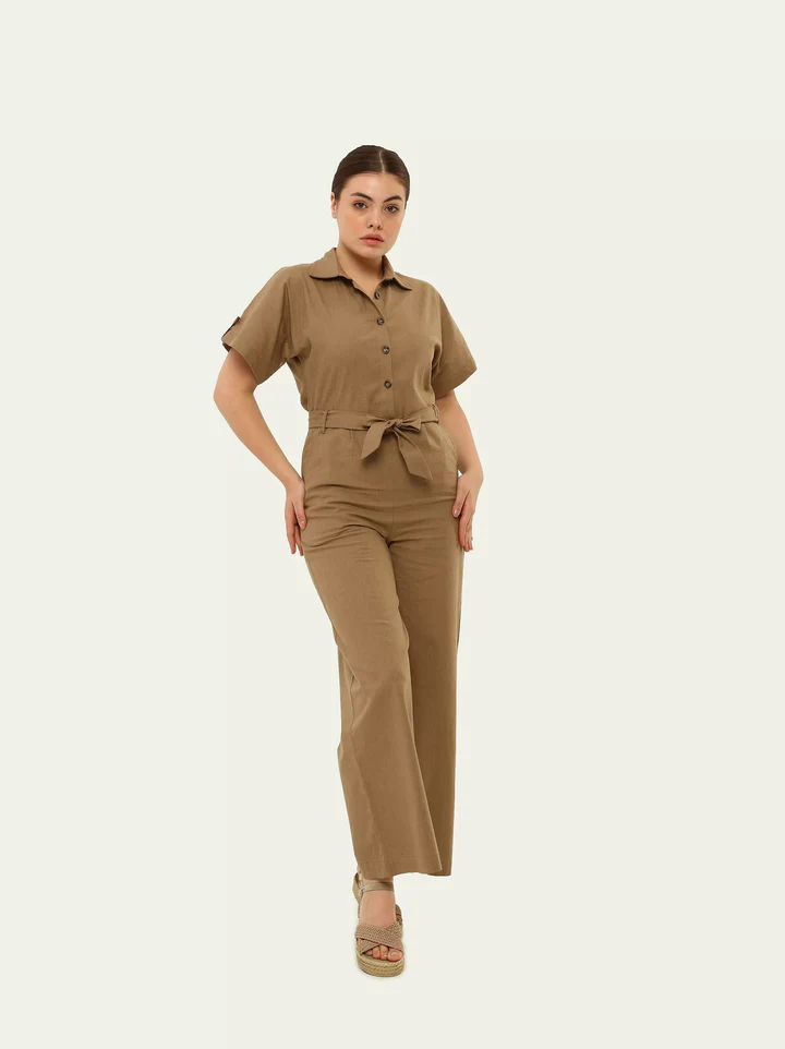 How to Wear Modora's Camel Linen Blend Utility Jumpsuit