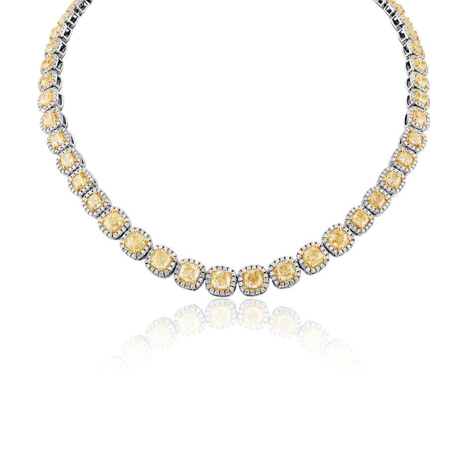 Kahlani 50 Carat Cushion Yellow Diamond Tennis Necklace in 18k White and Yellow Gold