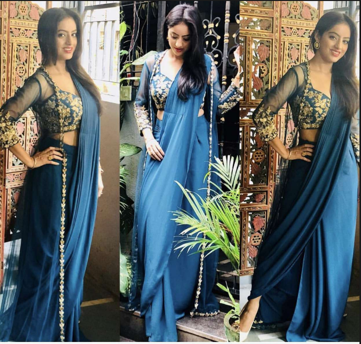Buy Deepika Singh Teal Blue Sequins Silk Indo-Western Partywear Saree Online from EthnicPlus for ₹2,149.00